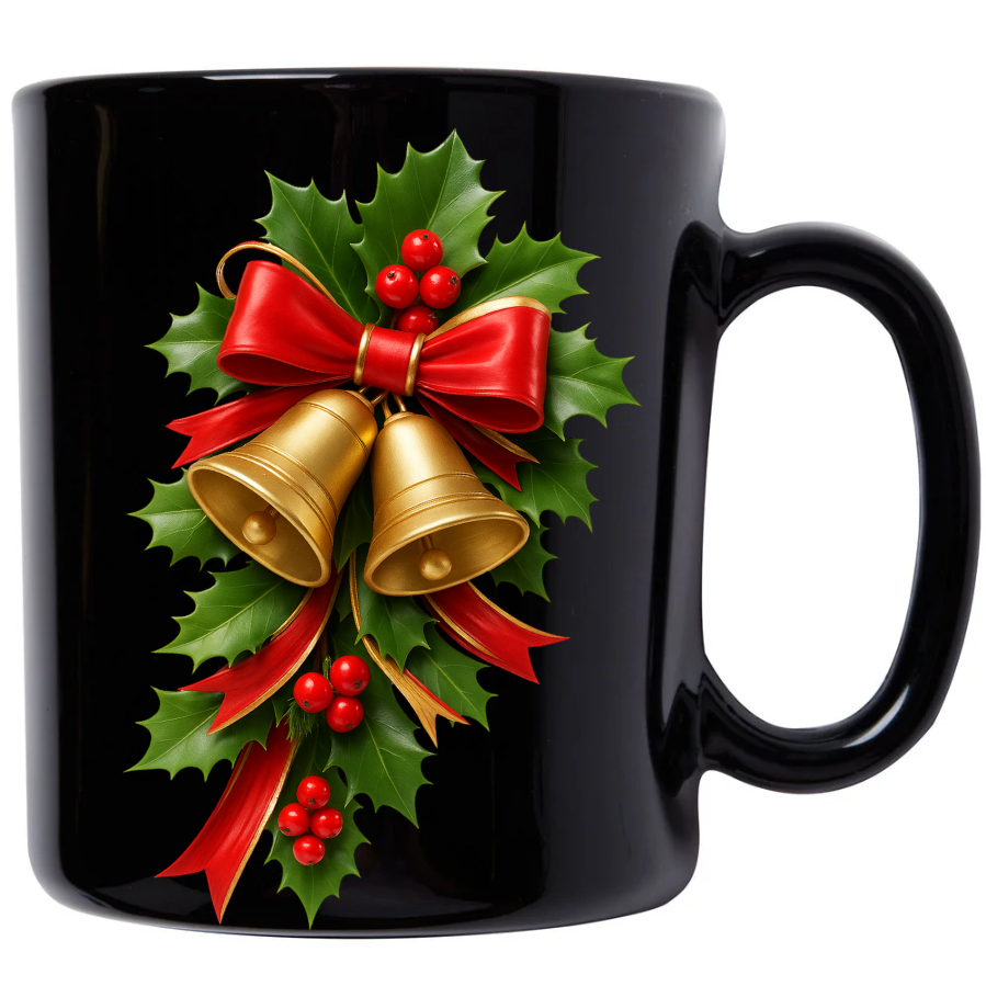Christmas Bells & Holly Black Mug