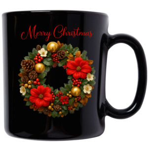 "Merry Christmas" Holiday Wreath Mug – Black Ceramic