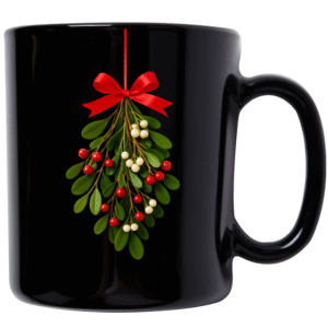Mistletoe & Red Ribbon Black Mug