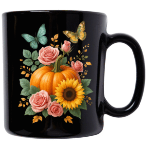 "Pumpkin & Butterflies" Floral Mug – Black