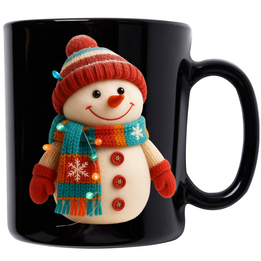 A Cozy Snowman Black Mug