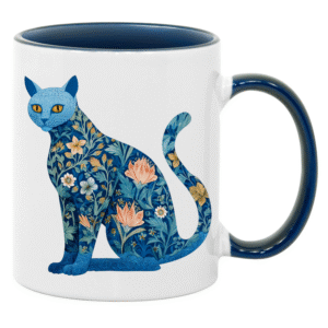 A Blue Floral Cat Mug – White with Blue Accent