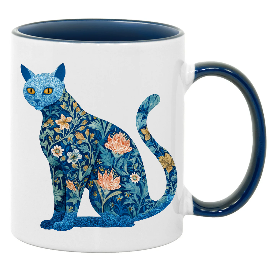 A Blue Floral Cat Mug – White with Blue Accent