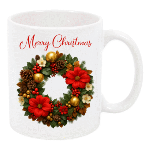 "Merry Christmas" Holiday Wreath Mug – White Ceramic
