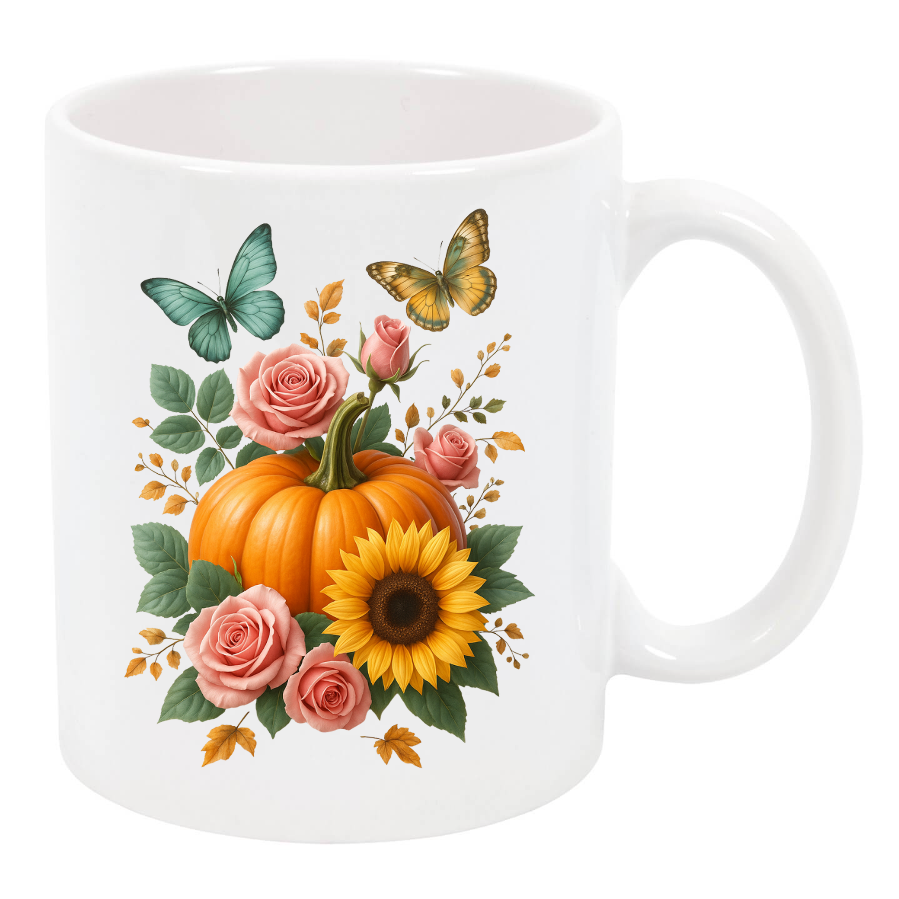 "Pumpkin & Butterflies" Floral Mug – White